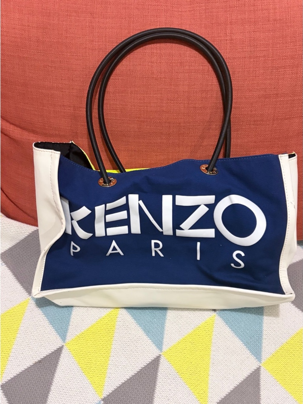 Kenzo Blue and White Logo Canvas Tote with Black Handles